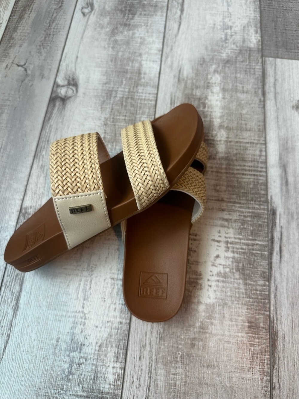 Reef Brown and Natural Woven Double-Band Slide Sandals
